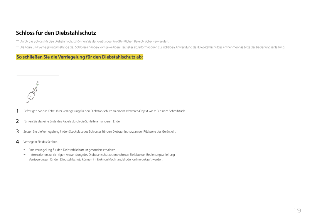 Samsung LH85QMDRTBC/EN manual Schloss für den Diebstahlschutz, So schließen Sie die Verriegelung für den Diebstahlschutz ab 