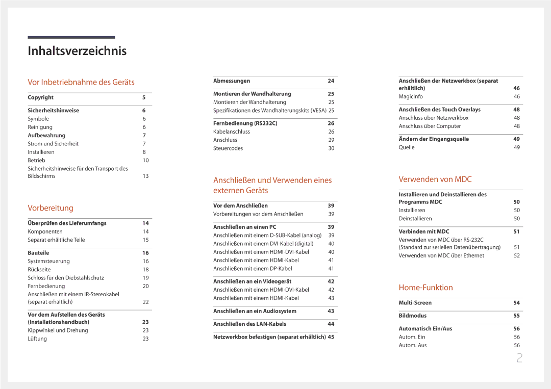 Samsung LH85QMDPLGC/EN, LH85QMDRTBC/EN manual Inhaltsverzeichnis 