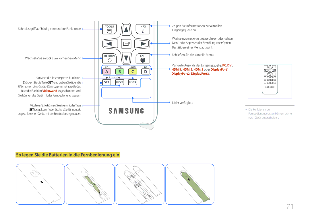 Samsung LH85QMDRTBC/EN, LH85QMDPLGC/EN manual So legen Sie die Batterien in die Fernbedienung ein 