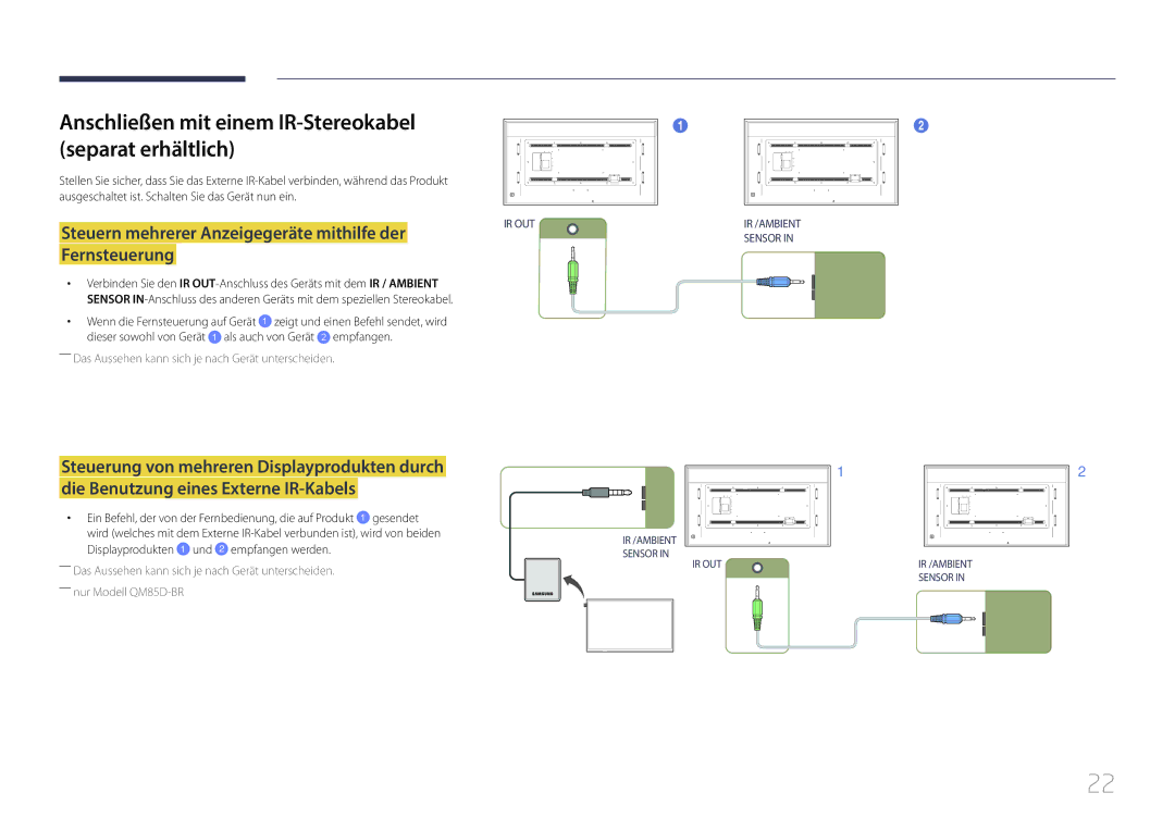 Samsung LH85QMDPLGC/EN, LH85QMDRTBC/EN manual Anschließen mit einem IR-Stereokabel separat erhältlich 