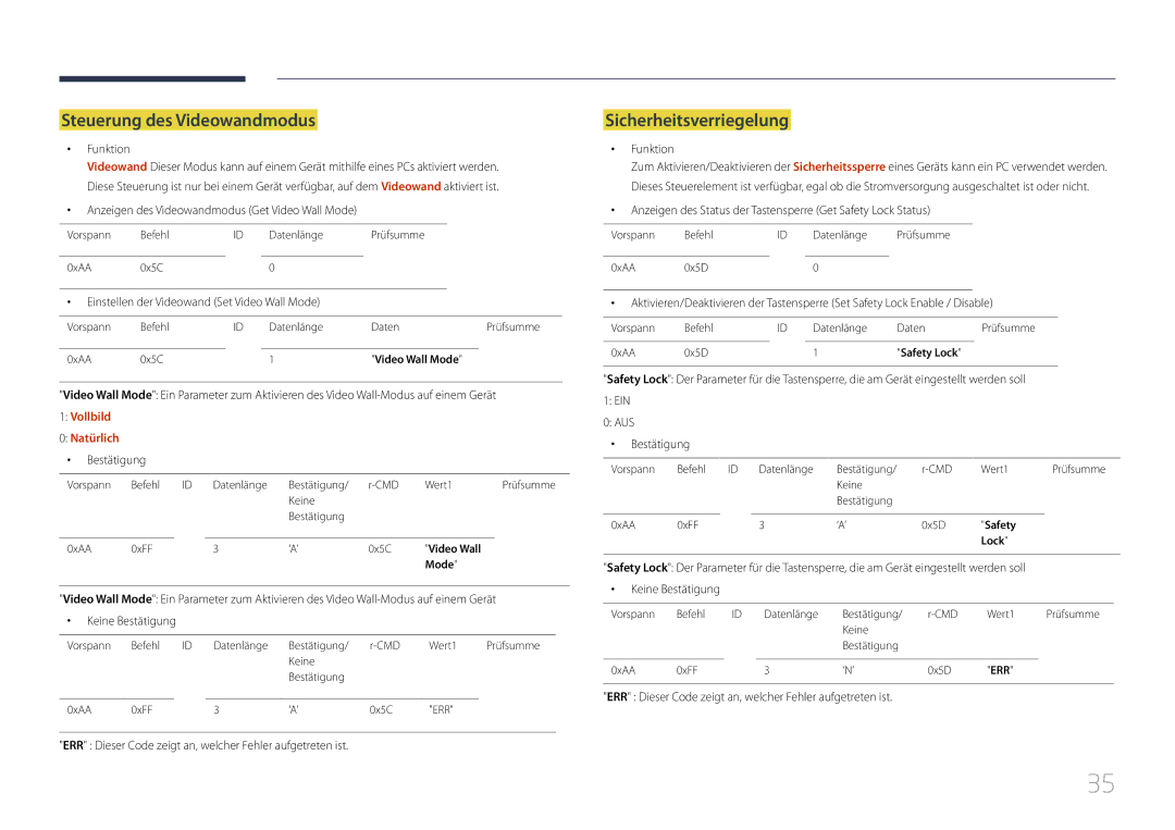 Samsung LH85QMDRTBC/EN, LH85QMDPLGC/EN manual Steuerung des Videowandmodus, Sicherheitsverriegelung, Vollbild Natürlich 