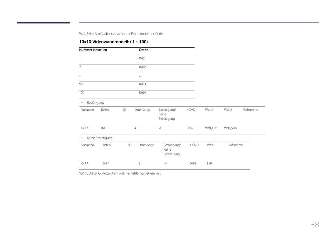 Samsung LH85QMDPLGC/EN 10x10-Videowandmodell 1 ~, WallSNo Am Gerät einzustellender Produktnummer-Code, 0x01 0x02 0x63 