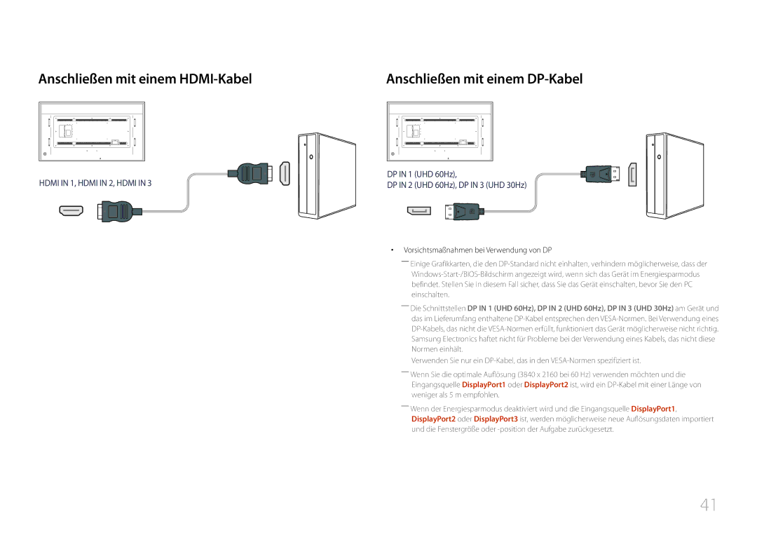 Samsung LH85QMDRTBC/EN, LH85QMDPLGC/EN manual Anschließen mit einem HDMI-Kabel, Anschließen mit einem DP-Kabel 