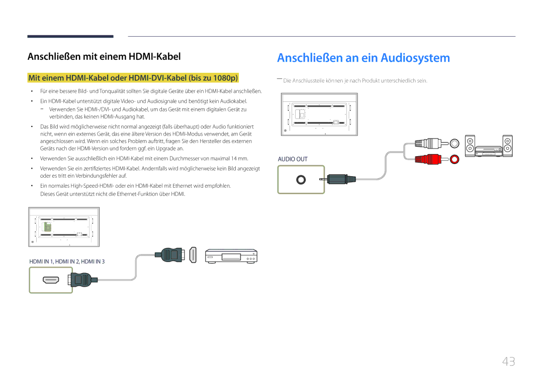 Samsung LH85QMDRTBC/EN manual Anschließen an ein Audiosystem, Mit einem HDMI-Kabel oder HDMI-DVI-Kabel bis zu 1080p 