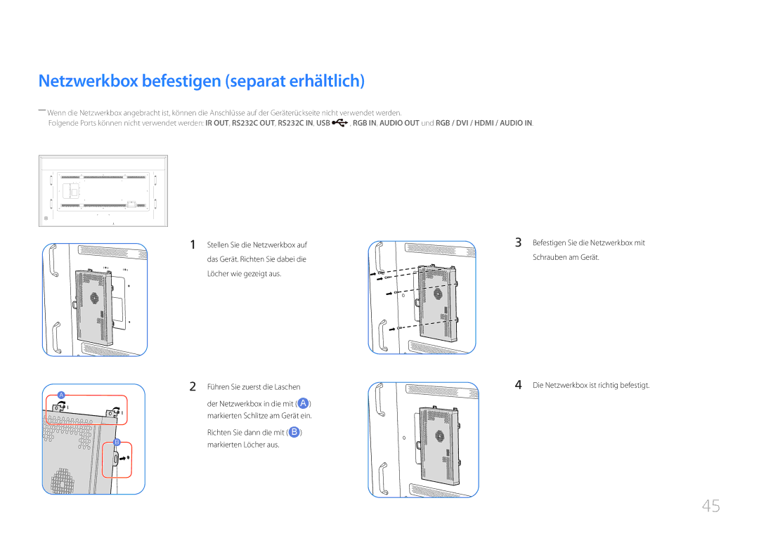 Samsung LH85QMDRTBC/EN, LH85QMDPLGC/EN manual Netzwerkbox befestigen separat erhältlich, Führen Sie zuerst die Laschen 