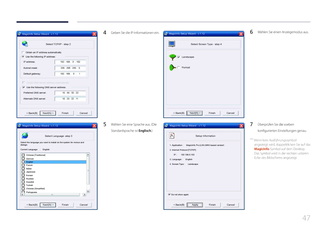 Samsung LH85QMDRTBC/EN, LH85QMDPLGC/EN manual Geben Sie die IP-Informationen ein, Wählen Sie einen Anzeigemodus aus 