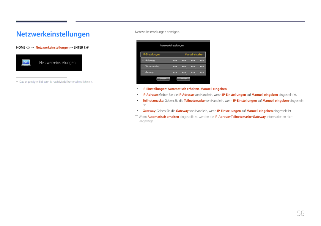 Samsung LH85QMDPLGC/EN, LH85QMDRTBC/EN manual Home → Netzwerkeinstellungen→ Enter E, Netzwerkeinstellungen anzeigen 