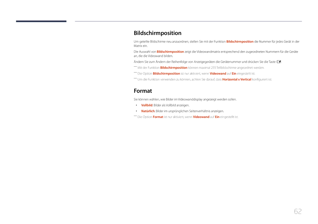 Samsung LH85QMDPLGC/EN, LH85QMDRTBC/EN manual Bildschirmposition, Format 