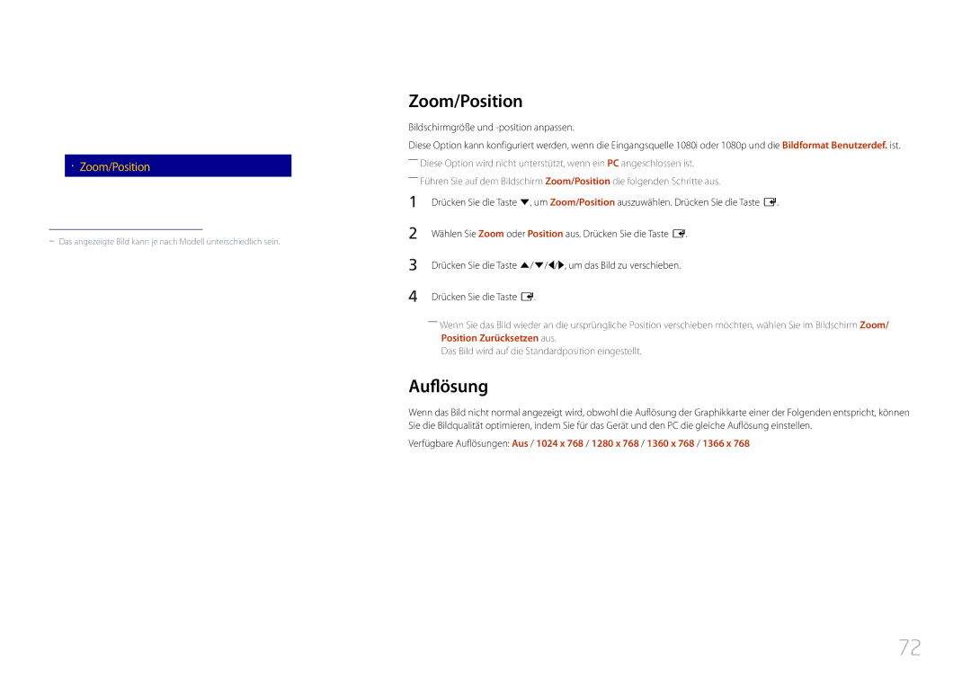 Samsung LH85QMDPLGC/EN, LH85QMDRTBC/EN manual Zoom/Position, Auflösung, BildformatBenutzerdef 