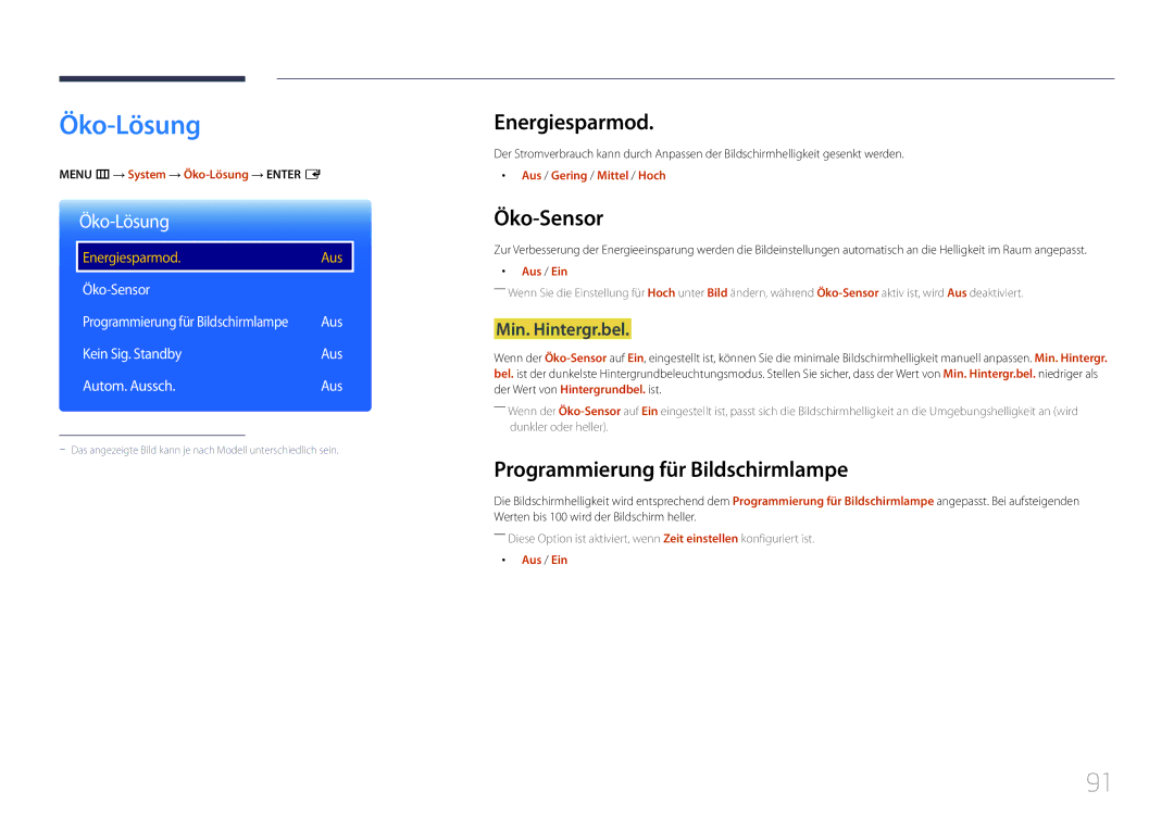 Samsung LH85QMDRTBC/EN, LH85QMDPLGC/EN manual Öko-Lösung, Energiesparmod, Öko-Sensor, Programmierung für Bildschirmlampe 