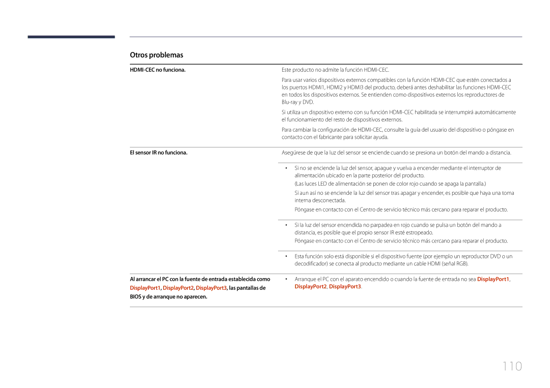 Samsung LH85QMDPLGC/EN, LH85QMDRTBC/EN 110, HDMI-CEC no funciona, El sensor IR no funciona, DisplayPort2, DisplayPort3 