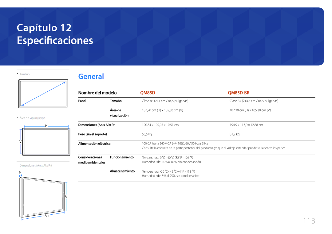 Samsung LH85QMDRTBC/EN, LH85QMDPLGC/EN manual Especificaciones, 113 