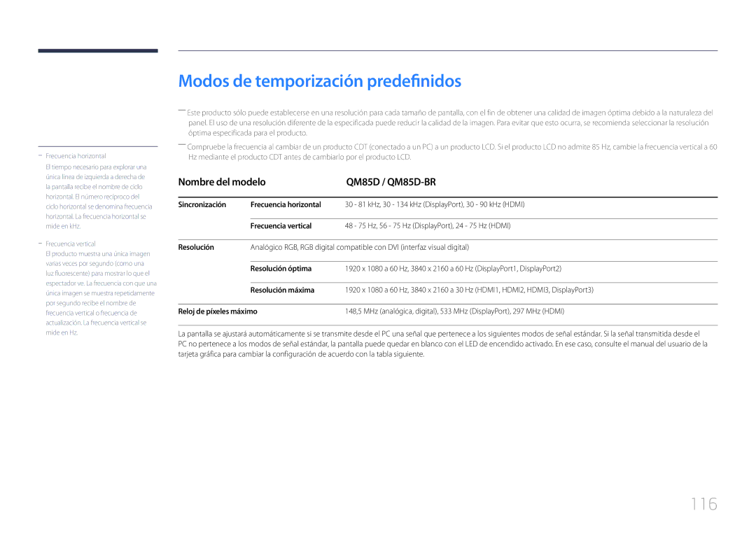 Samsung LH85QMDPLGC/EN, LH85QMDRTBC/EN manual Modos de temporización predefinidos, 116, Nombre del modelo QM85D / QM85D-BR 