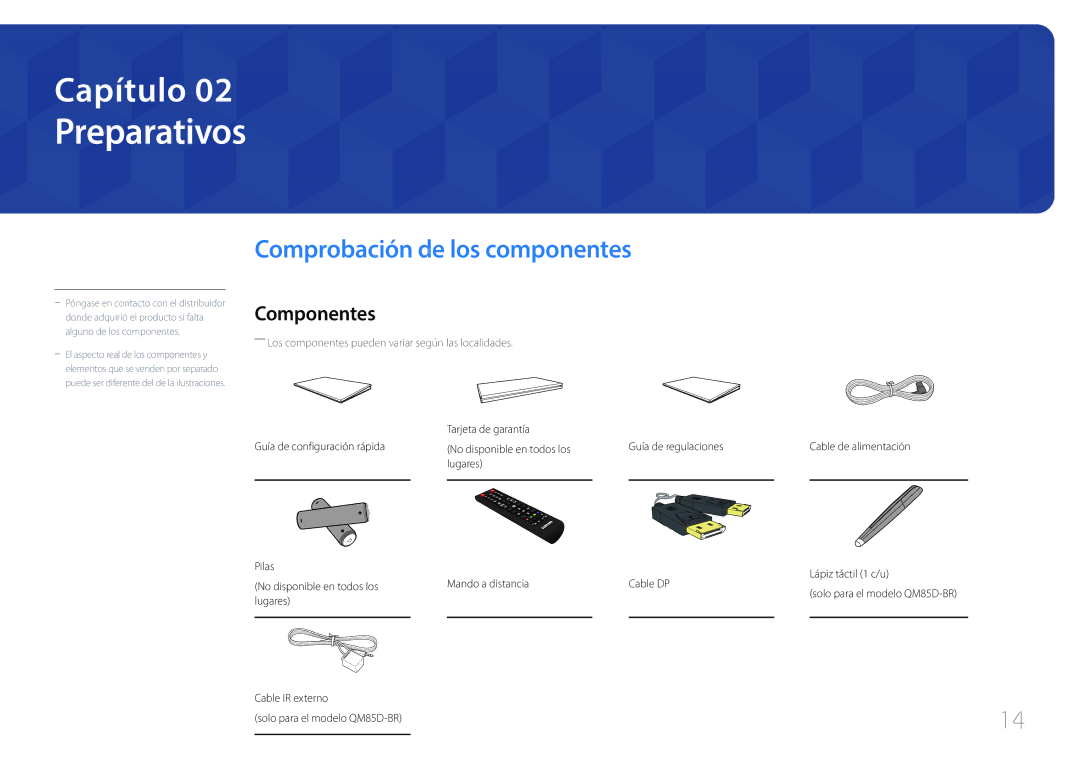 Samsung LH85QMDPLGC/EN, LH85QMDRTBC/EN manual Preparativos, Comprobación de los componentes, Componentes 