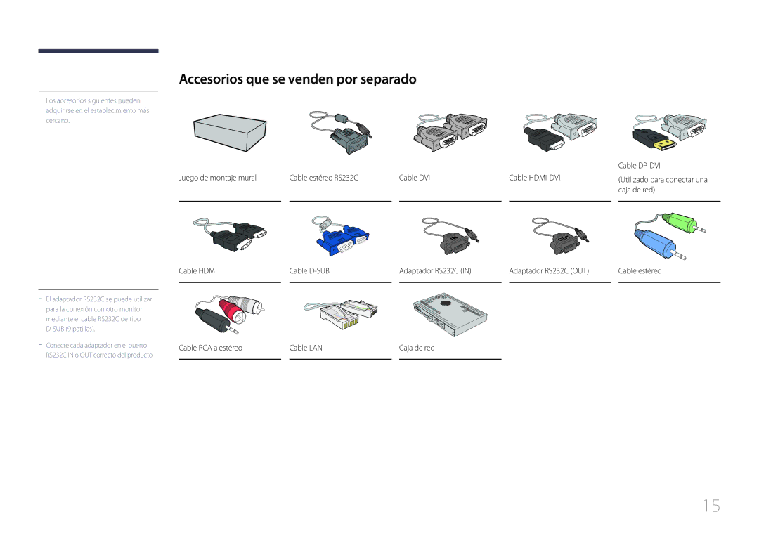 Samsung LH85QMDRTBC/EN, LH85QMDPLGC/EN manual Accesorios que se venden por separado, Cable DP-DVI, Caja de red 