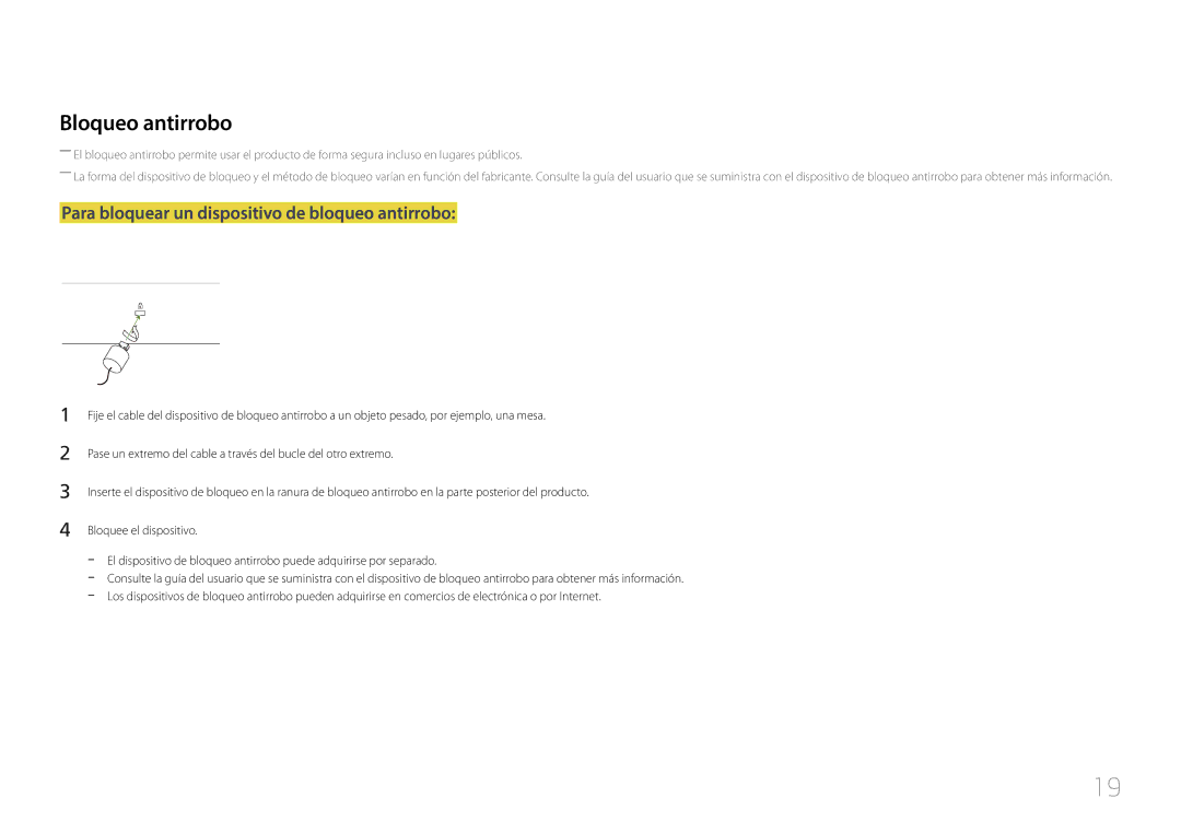 Samsung LH85QMDRTBC/EN, LH85QMDPLGC/EN manual Bloqueo antirrobo, Para bloquear un dispositivo de bloqueo antirrobo 