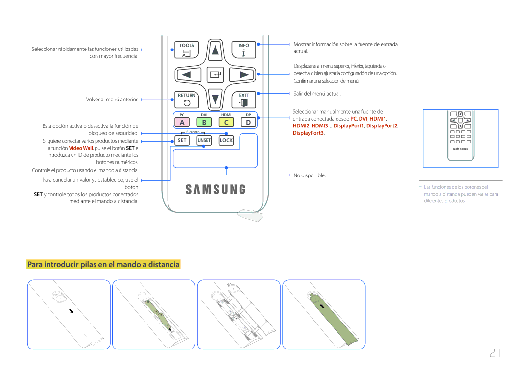 Samsung LH85QMDRTBC/EN manual Para introducir pilas en el mando a distancia, Con mayor frecuencia, Volver al menú anterior 