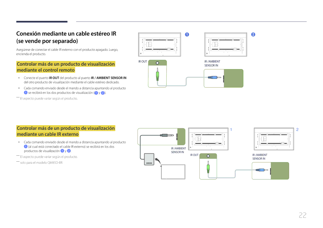 Samsung LH85QMDPLGC/EN, LH85QMDRTBC/EN manual Conexión mediante un cable estéreo IR se vende por separado 