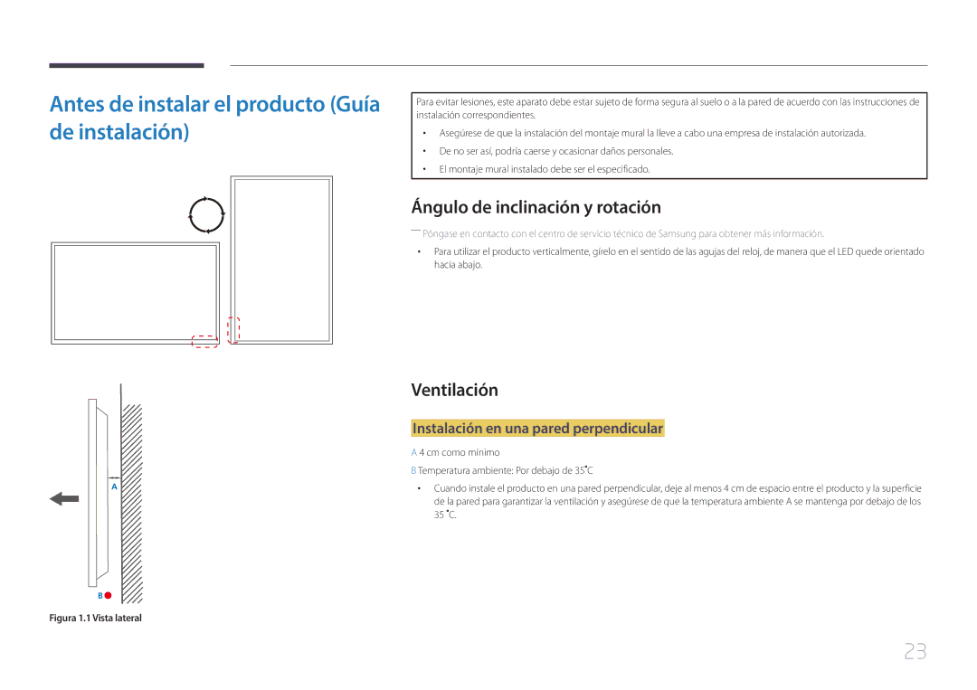 Samsung LH85QMDRTBC/EN Antes de instalar el producto Guía de instalación, Ángulo de inclinación y rotación, Ventilación 