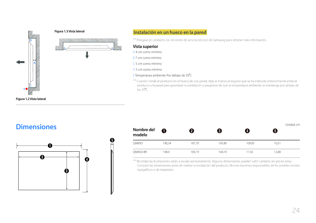 Samsung LH85QMDPLGC/EN, LH85QMDRTBC/EN Dimensiones, Instalación en un hueco en la pared, Vista superior, Nombre del Modelo 