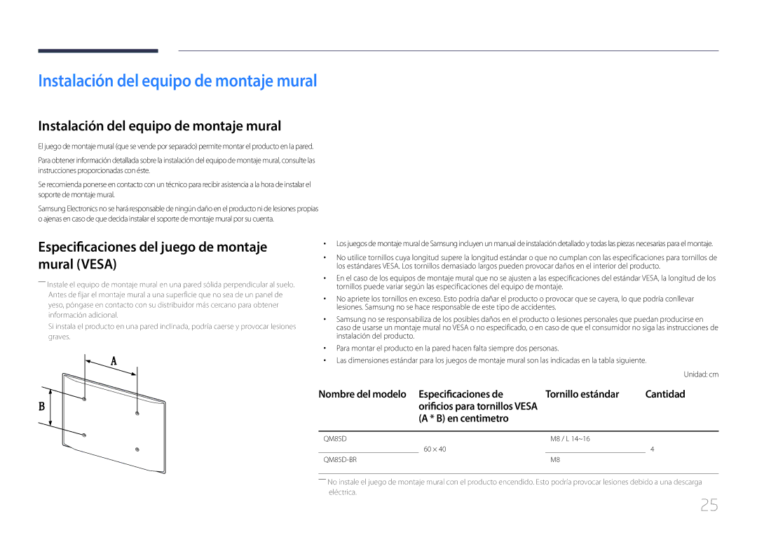 Samsung LH85QMDRTBC/EN manual Instalación del equipo de montaje mural, Especificaciones del juego de montaje mural Vesa 