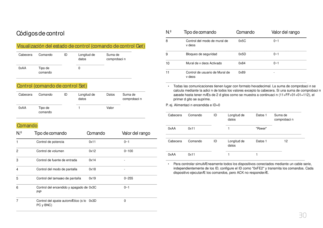 Samsung LH85QMDPLGC/EN manual Códigos de control, Visualización del estado de control comando de control Get, Comando 