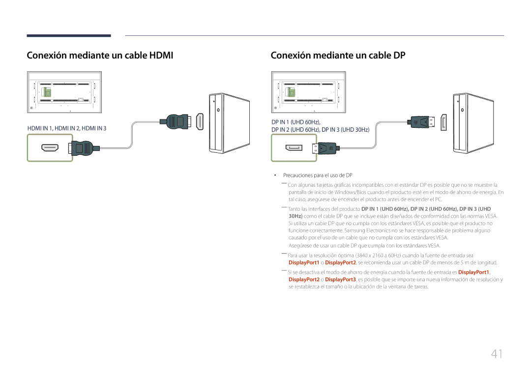 Samsung LH85QMDRTBC/EN Conexión mediante un cable Hdmi, Conexión mediante un cable DP, Precauciones para el uso de DP 