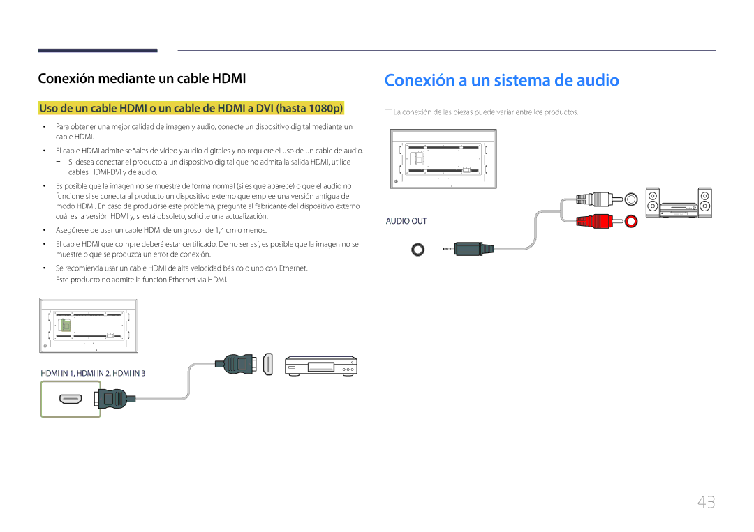 Samsung LH85QMDRTBC/EN manual Conexión a un sistema de audio, Uso de un cable Hdmi o un cable de Hdmi a DVI hasta 1080p 