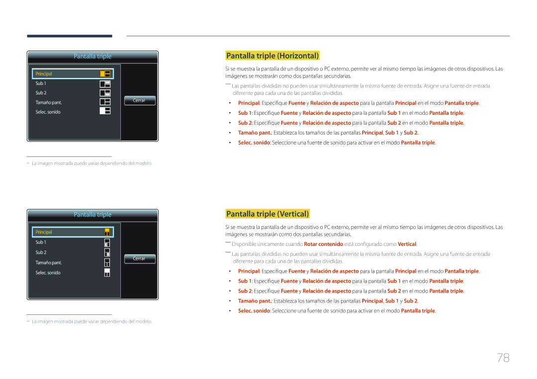 Samsung LH85QMDPLGC/EN, LH85QMDRTBC/EN manual Pantalla triple Horizontal, Pantalla triple Vertical 