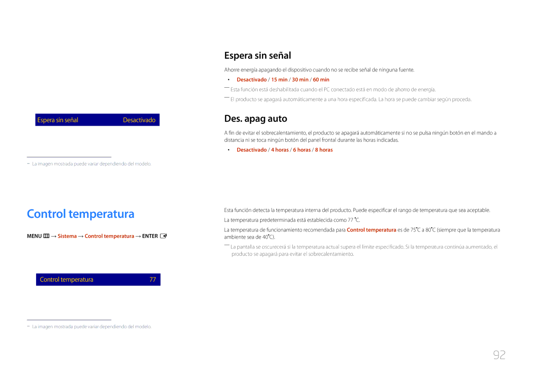 Samsung LH85QMDPLGC/EN, LH85QMDRTBC/EN manual Control temperatura, Espera sin señal, Des. apag auto, Ahorro energía 