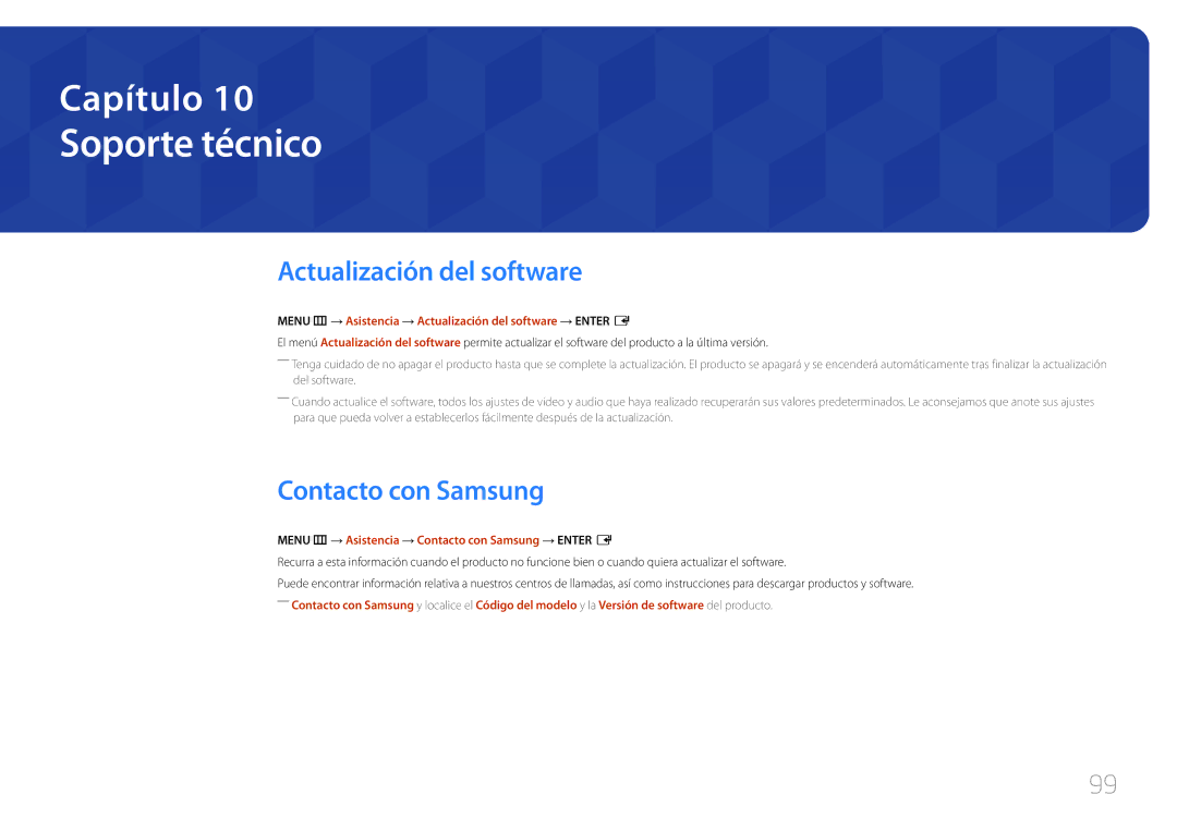 Samsung LH85QMDRTBC/EN, LH85QMDPLGC/EN manual Soporte técnico, Actualización del software, Contacto con Samsung 