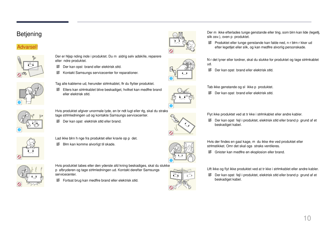 Samsung LH85QMDPLGC/EN, LH85QMDRTBC/EN manual Betjening, Gnister kan medføre en eksplosion eller brand 