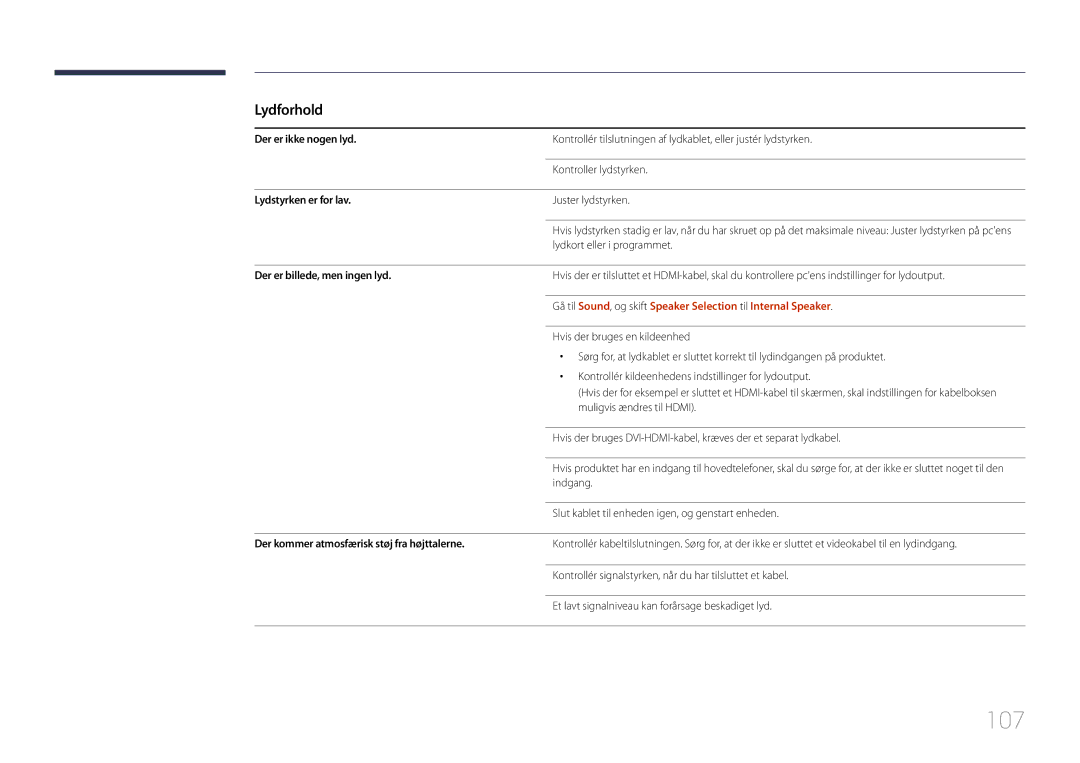 Samsung LH85QMDRTBC/EN, LH85QMDPLGC/EN manual 107, Lydforhold 