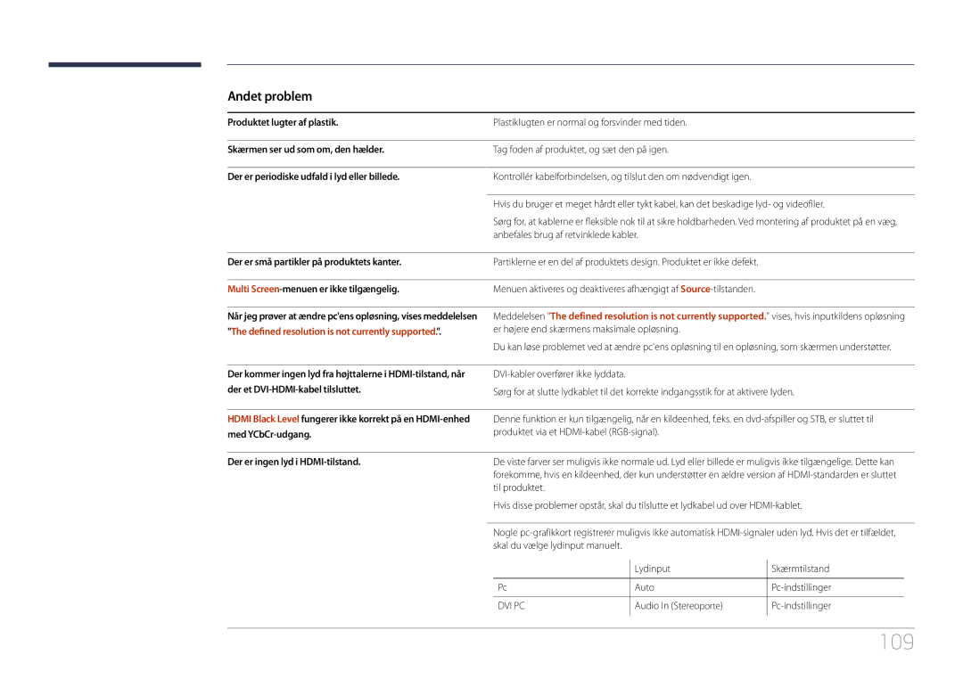 Samsung LH85QMDRTBC/EN, LH85QMDPLGC/EN manual 109, Andet problem, Der er ingen lyd i HDMI-tilstand 