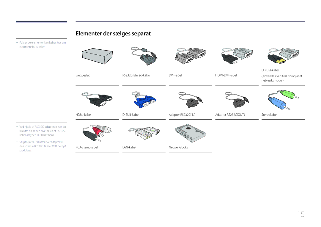 Samsung LH85QMDRTBC/EN, LH85QMDPLGC/EN manual Elementer der sælges separat, DP-DVI-kabel 