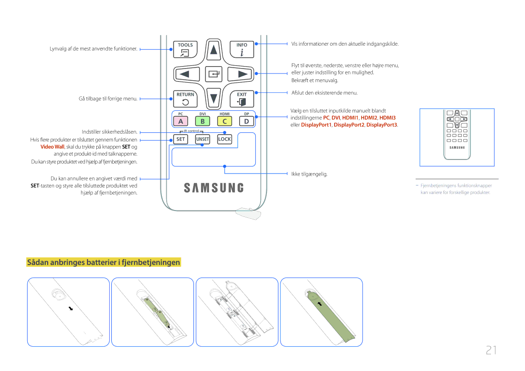 Samsung LH85QMDRTBC/EN manual Sådan anbringes batterier i fjernbetjeningen, Lynvalg af de mest anvendte funktioner 