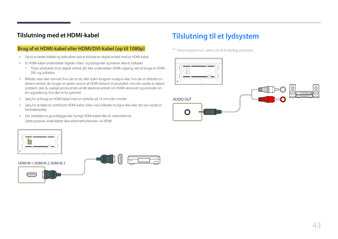 Samsung LH85QMDRTBC/EN manual Tilslutning til et lydsystem, Brug af et HDMI-kabel eller HDMI/DVI-kabel op til 1080p 