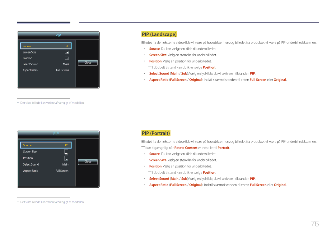 Samsung LH85QMDPLGC/EN, LH85QMDRTBC/EN manual PIP Landscape, PIP Portrait 