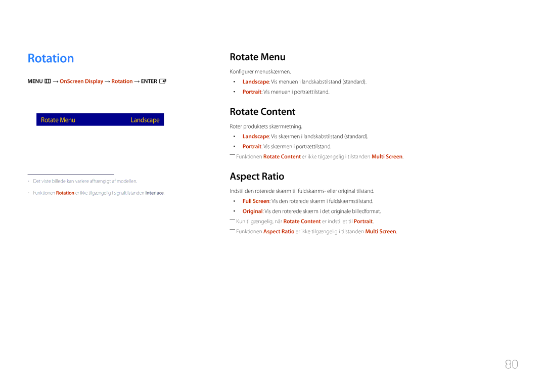 Samsung LH85QMDPLGC/EN, LH85QMDRTBC/EN manual Rotation, Rotate Menu, Rotate Content, Aspect Ratio 