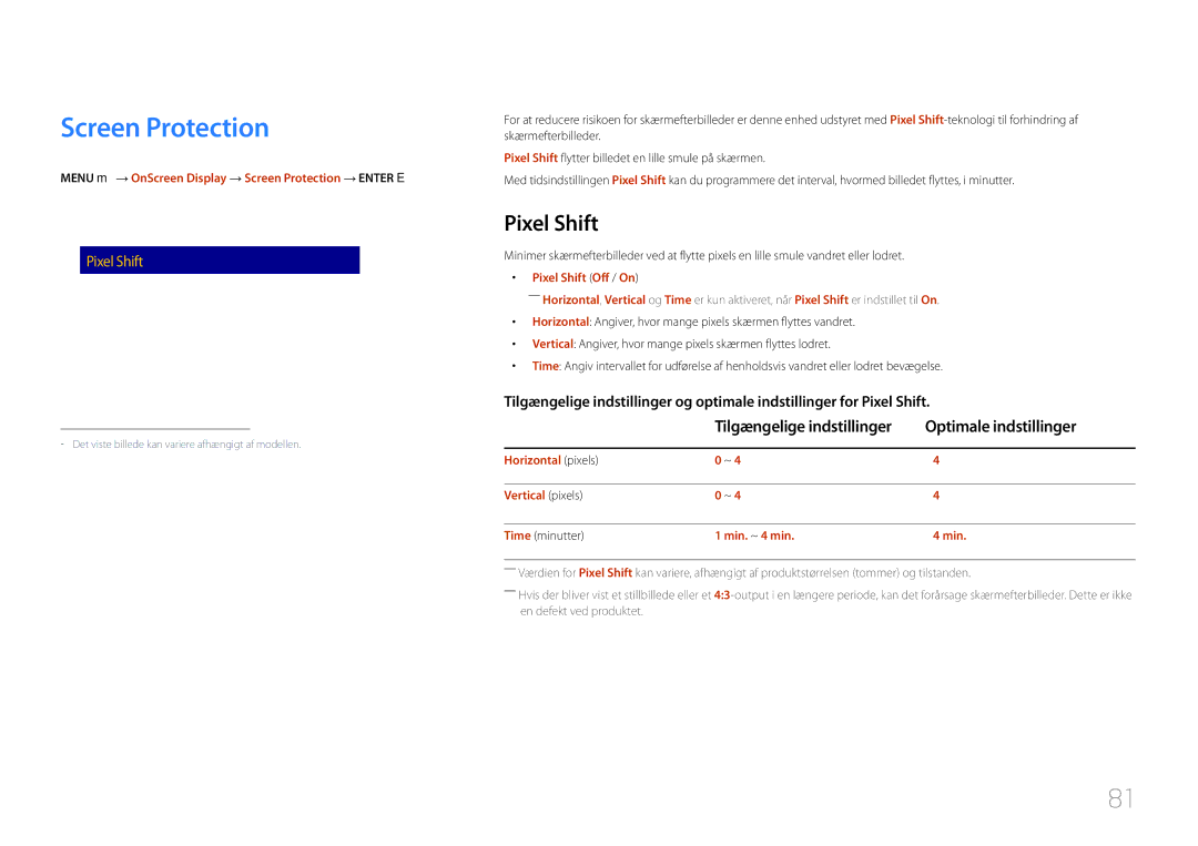 Samsung LH85QMDRTBC/EN, LH85QMDPLGC/EN manual Screen Protection, Pixel Shift, Optimale indstillinger 