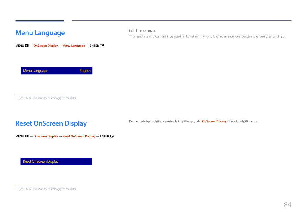 Samsung LH85QMDPLGC/EN, LH85QMDRTBC/EN Reset OnScreen Display, Menu m → OnScreen Display → Menu Language → Enter E 