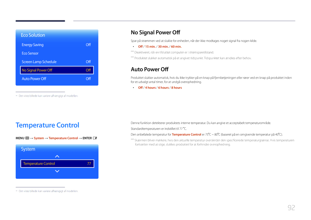 Samsung LH85QMDPLGC/EN, LH85QMDRTBC/EN manual Temperature Control, No Signal Power Off, Auto Power Off 