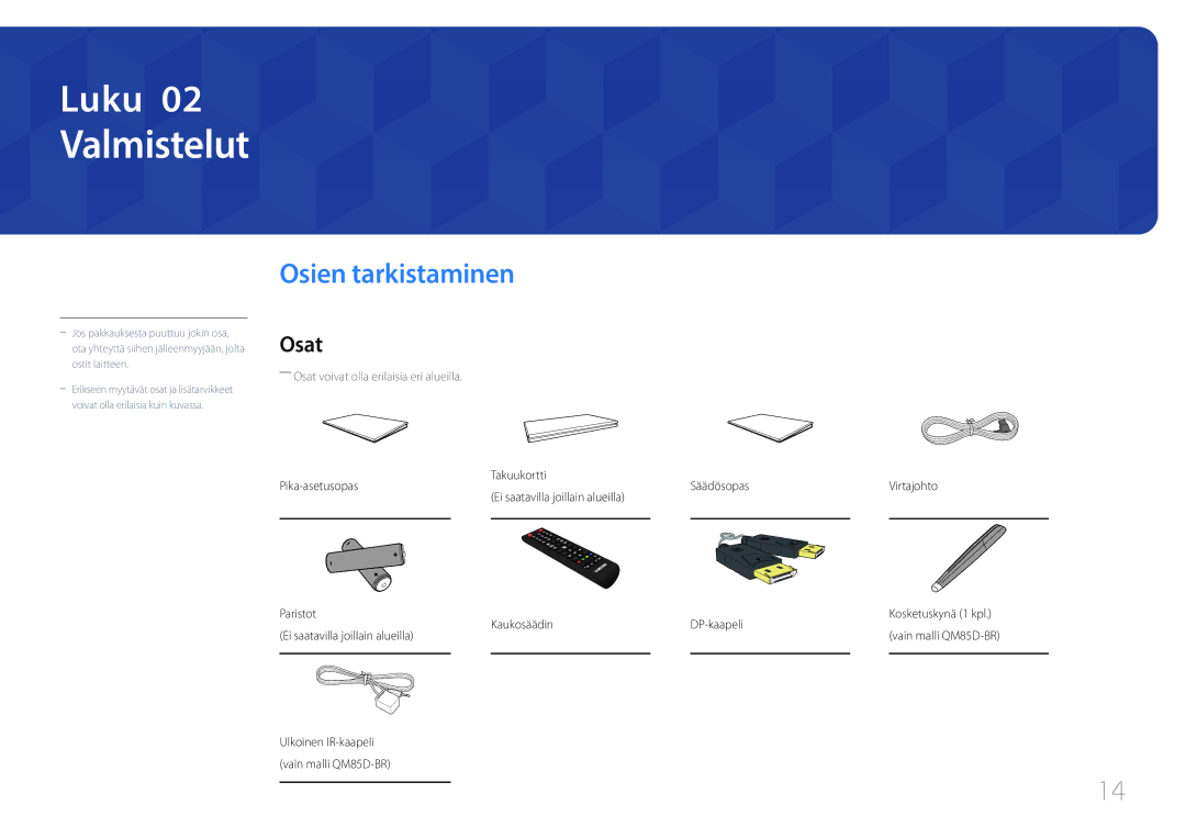 Samsung LH85QMDPLGC/EN, LH85QMDRTBC/EN manual Valmistelut, Osien tarkistaminen, Osat, Kaukosäädin 