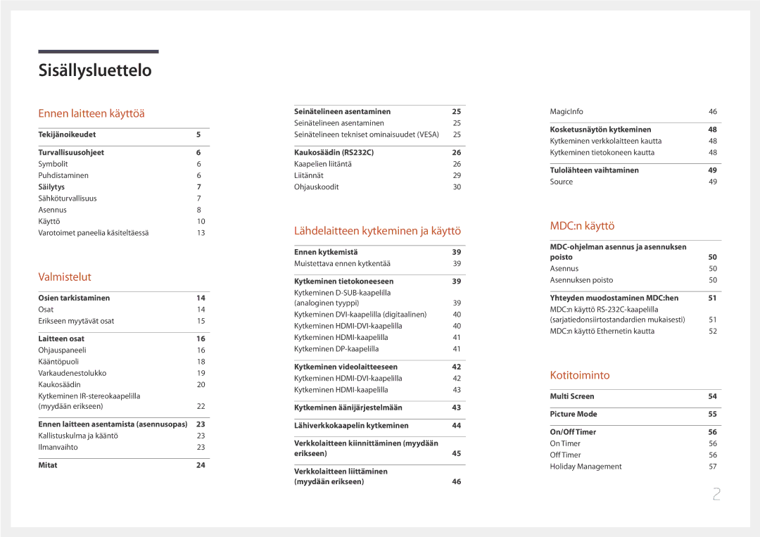 Samsung LH85QMDPLGC/EN, LH85QMDRTBC/EN manual Sisällysluettelo 