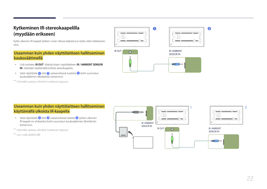 Samsung LH85QMDPLGC/EN, LH85QMDRTBC/EN manual Kytkeminen IR-stereokaapelilla myydään erikseen 