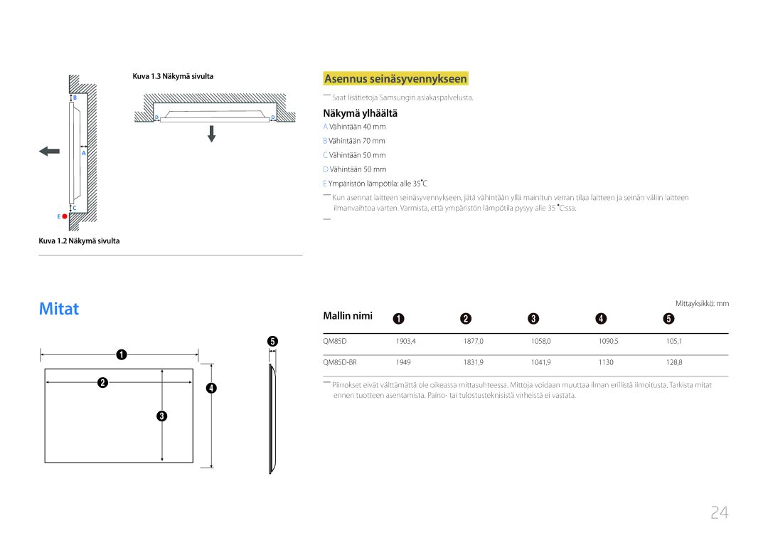 Samsung LH85QMDPLGC/EN, LH85QMDRTBC/EN manual Mitat, Asennus seinäsyvennykseen, Näkymä ylhäältä, Mallin nimi 