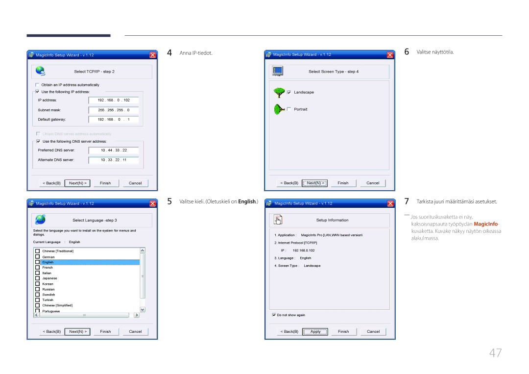 Samsung LH85QMDRTBC/EN, LH85QMDPLGC/EN manual Anna IP-tiedot Valitse kieli. Oletuskieli on English, Select TCP/IP step 