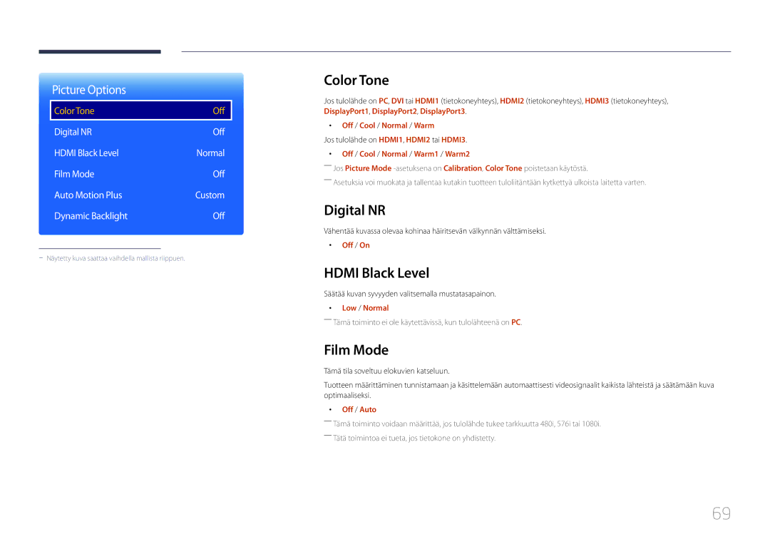 Samsung LH85QMDRTBC/EN, LH85QMDPLGC/EN manual Color Tone, Digital NR, Hdmi Black Level, Film Mode 