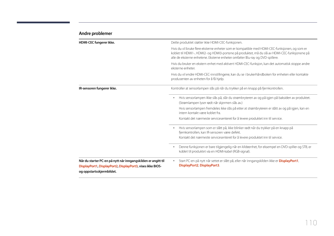 Samsung LH85QMDPLGC/EN, LH85QMDRTBC/EN manual 110, HDMI-CEC fungerer ikke, Dette produktet støtter ikke HDMI-CEC-funksjonen 