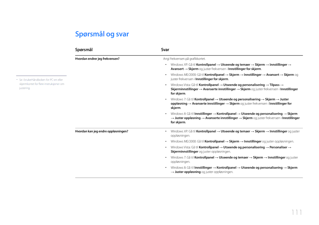 Samsung LH85QMDRTBC/EN, LH85QMDPLGC/EN manual Spørsmål og svar, 111, Spørsmål Svar 